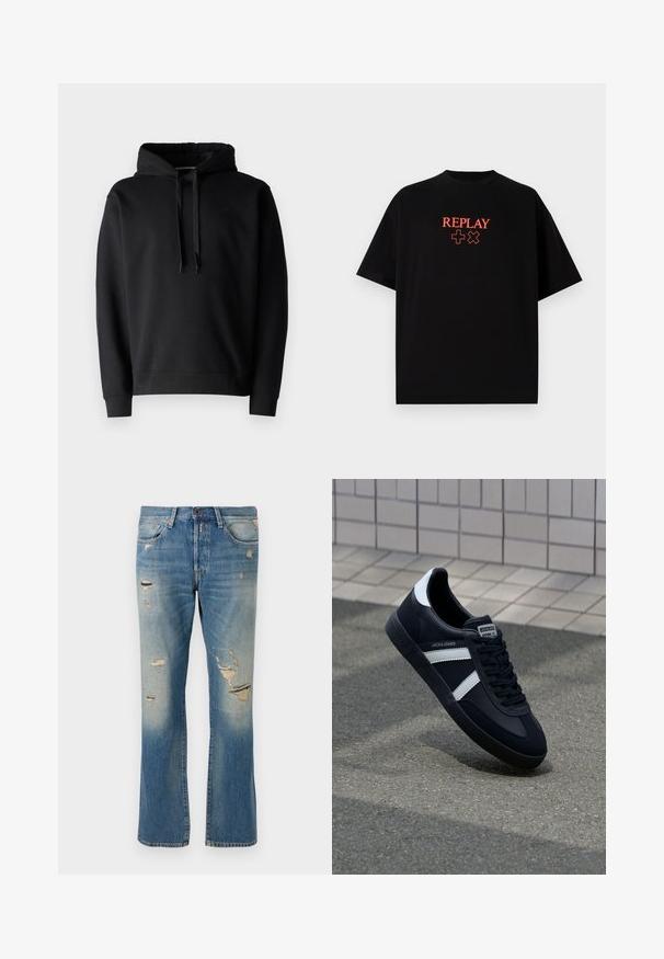 Fekete kapucnis pulóver, puha anyagból készült, kenguru zsebbel, bordás mandzsettákkal és állítható zsinórral a kapucnin.; Fekete pamut póló rövid ujjakkal, kerek nyakkal, középre helyezett piros "REPLAY" logóval és szimbólumokkal a mellkason.; Világoskék farmernadrág, laza szabással, kopott részletekkel és foszlott foltokkal, hagyományos ötpocket kialakítással és gombos záródással.; Fekete bőr sportcipő fehér csíkokkal, textúrált gumitalppal és fűzős elejével. A nyelvén márkás címke található.