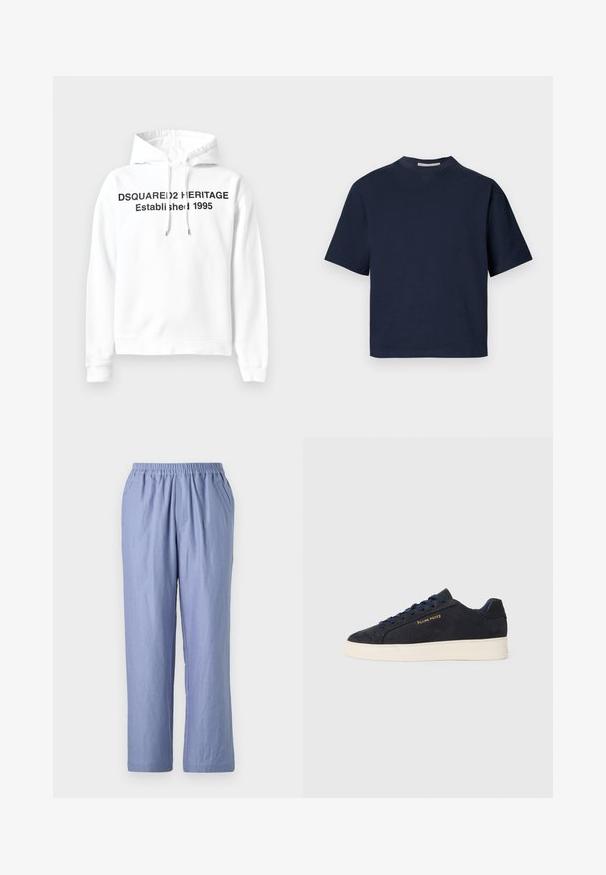 Hoodie bianco con tasca frontale a marsupio, cappuccio con cordino e testo nero: "DSQUARED2 HERITAGE Fondato nel 1995." Tessuto morbido.; T-shirt navy blue a maniche corte con scollatura a v, realizzato in materiale morbido, con una vestibilità rilassata e design minimalista, senza motivi o accessori visibili.; Pantaloni azzurri chiari, a vestibilità ampia, con cintura elastica, due tasche laterali e gambali dritti. Realizzati in tessuto morbido con una texture liscia.; Sneaker bassa in suede blu navy con suola bianca, lacci blu navy e logo "Filling Pieces" in oro sul lato.