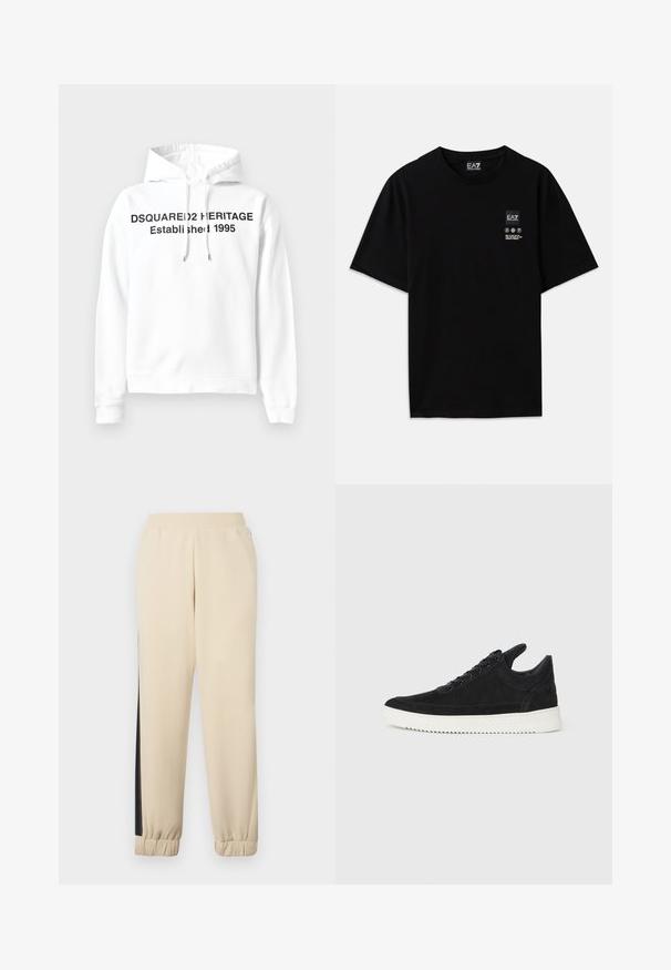White hoodie featuring a front kangaroo pocket, drawstring hood, and black text: "DSQUARED2 HERITAGE Established 1995." Soft fabric.; Black cotton t-shirt with short sleeves, a crew neck, and a small logo tag on the front featuring care symbols in white.; Cream-colored sweatpants with black side stripes, elastic waistband, and ribbed cuffs. Soft fabric with a relaxed fit.; Black suede sneaker with a white rubber sole, featuring tonal stitching and lace-up design. Smooth texture with a modern, streamlined shape.