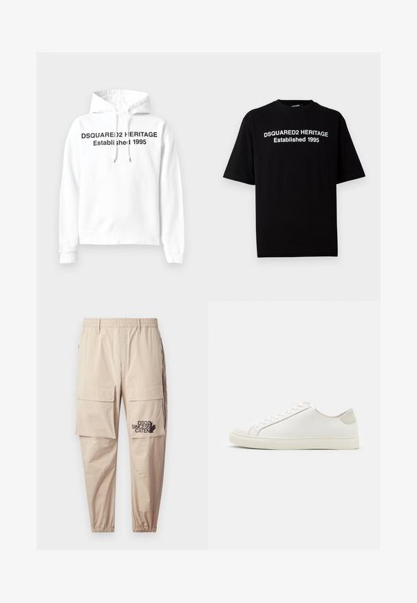 Sweat à capuche blanc avec une poche kangourou à l'avant, un cordon de serrage à la capuche et un texte noir : "DSQUARED2 HERITAGE Établi en 1995." Tissu doux.; T-shirt noir à manches courtes en coton avec un col rond, présentant un texte blanc : "DSQUARED2 HERITAGE Établi en 1995" sur le devant.; Pantalons cargo beiges en tissu léger, avec une taille élastique, des poches zippées et un logo imprimé sur la jambe gauche.; Baskets en cuir blanc avec une surface lisse, bout rond et design minimaliste. Présentent des accents beiges sur le talon et une semelle en caoutchouc.