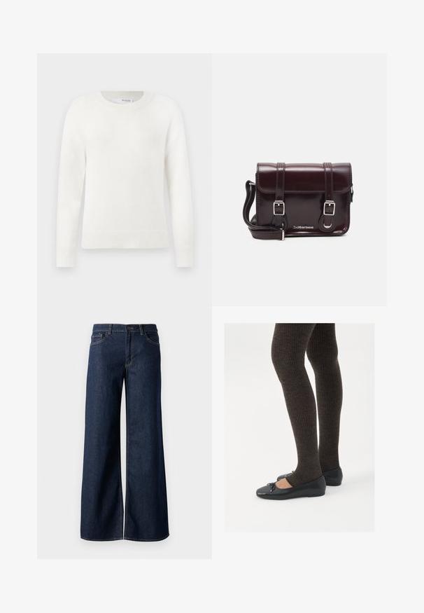 Maglione lavorato a maglia bianco a maniche lunghe con polsini, orlo e scollatura a girocollo a coste, su uno sfondo bianco uniforme.; Jeans a gamba larga in denim blu scuro. Presentano cuciture a contrasto, cinque tasche e una chiusura con bottone in vita. Texture morbida.; Scarpe nere a flat con un piccolo fiocco sulla punta, abbinate a collant a coste marrone scuro. Le scarpe hanno una texture liscia e un profilo basso.; Borsa a tracolla in pelle verniciata bordeaux con forma rettangolare, due manici, accessori in argento e chiusura a patta.