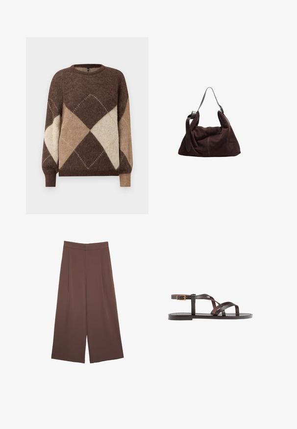 Bruine en beige argyle gebreide trui met lange mouwen en ribbelmanchetten op een witte achtergrond.; Bruine wijde broek met een gladde textuur, voorzien van een hoge taille en plooien aan de voorkant. De stof is lichtgewicht en valt losjes.; Bruine leren sandaal met kruisingen van banden, een enkelgesp-sluiting en een platte zool met minimale stikdetails.; Donkerbruine suède hobo schoudertas met brede verstelbare leren schouderband en een zachte, slonzige vorm op een witte achtergrond.