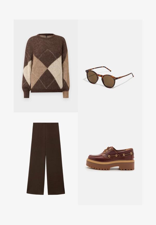 Un pull en maille à motif argyle marron et beige avec des manches longues et des poignets côtelés sur un fond blanc.; Pantalons évasés fabriqués à partir d'un tissu marron foncé et lisse. Dotés d'une taille haute et d'un design minimaliste sans embellissements.; Chaussure bateau en cuir marron avec une semelle en caoutchouc marron épaisse, œillets dorés et coutures contrastantes. Présente un logo sur le côté.; Lunettes de soleil rondes avec une monture en écaille de tortue et des verres marron. Elle présente des branches fines avec une légère texture et des accents en métal près des verres.