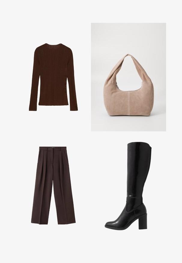 Rjav, rebrast dolg rokav sveter s okroglo ovratnico in šestimi gumbi na levi strani. Mehka tekstura in prilegajoča zasnova.; Rjave hlače širokega kroja, narejene iz teksturiranega materiala, z obračnimi gubami spredaj, stranskimi žepi in klasičnim dizajnom pasu.; Črne sljive do kolen z visokim peto, zaobljen toe, gladka tekstura, stranska izrezana podrobnost in širok zložen pet. / Imitacija laka.; Hobo torba iz mehkega, usnjeno podobnega materiala v svetlo bež barvi. Ima okroglo obliko, širok trak in zadrgo.; Zlato obarvani nakit s tanko verigo, veliki mat srčni obesek in manjši bleščeči srčni privesek.