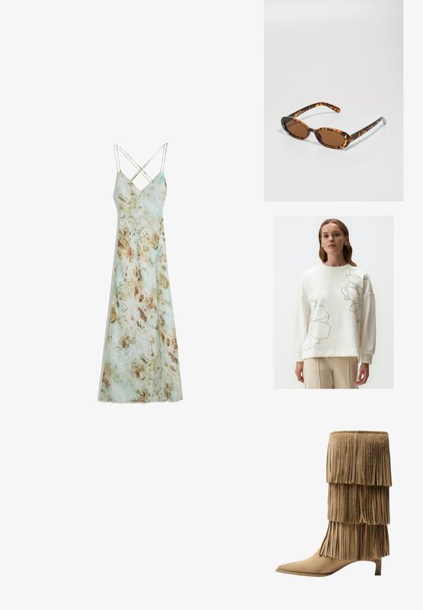 Biała bluza z dużymi beżowymi kwiatowymi nadrukami, okrągłym dekoltem i długimi rękawami. Miękka tekstura z lekko luźnym krojem. Widoczne spodnie.; Sukienka maxi na ramiączkach z lekkim zielonym, akwarelowym wzorem, z ziemistymi brązowymi akcentami. Gładki materiał z luźnym krojem.; Botki na kostkę w kolorze jasnobrązowym z zamszu, z trzema warstwami frędzli. Szpiczasty nos i niski klocek. Gładka faktura na całej powierzchni.; Okulary przeciwsłoneczne w cętkowanym stylu z owalnymi oprawkami, brązowymi soczewkami i smukłymi czarnymi ramionkami z subtelnymi akcentami wzoru.