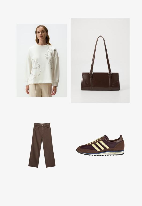 Witte sweatshirt met grote beige bloemenprints, ronde halslijn en lange mouwen. Zachte textuur met een iets losse pasvorm. Zichtbare broek.; Brede bruine spijkerbroek van denim, met een hoge taille, voorzakken en een klassieke knoopsluiting. Soepele textuur met subtiele stiksels.; Bruine en bordeauxkleurige sneaker van suede en mesh materiaal, met drie crèmekleurige strepen, een gemêleerd stof op de tong en een rubberen zool.; Bruine lakleren handtas met een rechthoekige vorm, twee lange handvatten en subtiele gebogen accenten aan de voorkant.