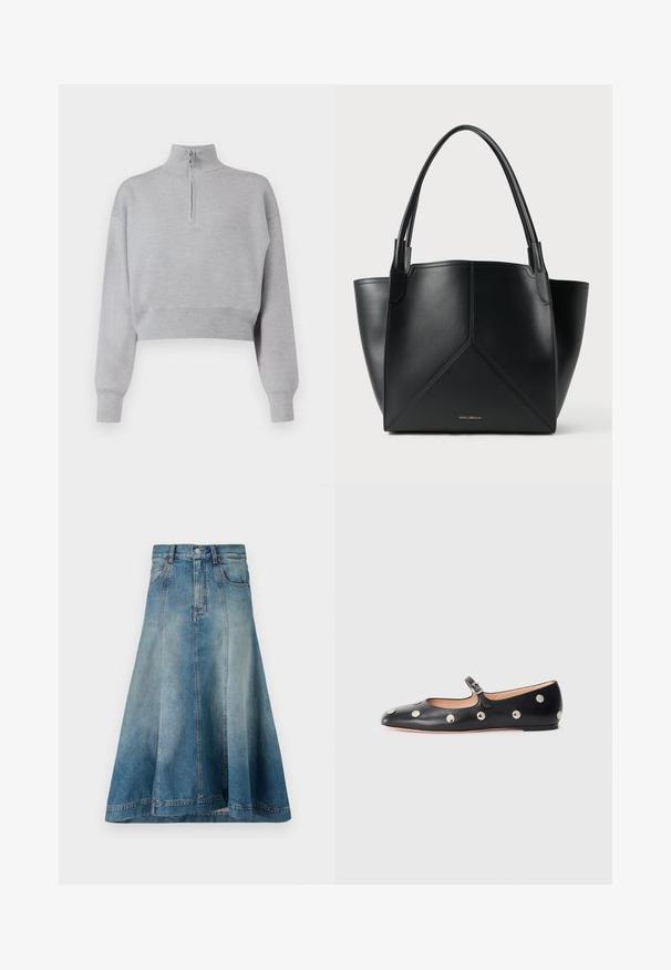 Svetlo sivi skrajšani pulover z visokim ovratnikom, polno zadrgo in dolgimi rokavi. Mehka tekstura in rebrast rob na dnu.; Denim A-linijska krila v svetlo modrem pranju z visokim pasom, stranskimi žepi in šivnimi detajli, ki se raztezajo do roba.; Črne usnjene Mary Jane balerinke z zaobljenim noskom, opremljene z zlatimi krožnimi mošnjo in nastavljivim trakom z zaponko.; Črna usnjena torba za prenašanje z geometrijskim vzorcem, ki ima dve ročki in zlat tisk na sprednji strani. Gladka tekstura in strukturirana oblika.
