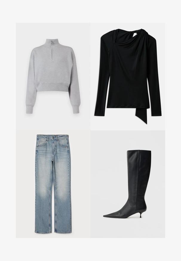 Light gray cropped sweater with a high neck, half-zip closure, and long sleeves. Soft texture and ribbed hem at the bottom.; Long-sleeve black top made of smooth fabric, featuring a draped neckline, asymmetrical hem, and a cutout detail at the back.; Light blue denim jeans with a straight fit, featuring a high waist, five-pocket design, and subtle fading on the thighs and knees.; Black leather knee-high boot with a pointed toe and a tapered kitten heel. Smooth texture and minimalistic design with no visible hardware.