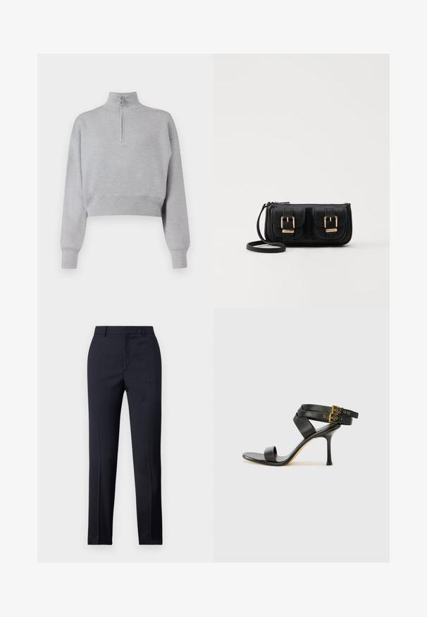 Gaišpelēks īss džemperis ar augstu apkakli, puszipsa slēgšanu un garām piedurknēm. Maiga tekstūra un ribota apakšmalā.; Jūras spēku stila bikses ar taisnu griezumu, ar gludu tekstūru, divām priekšējām kabatām un tīru jostas vietu.; Melna augsta papēža sāndele ar krustotiem siksniņām un regulējamu sprādzi. Iespēlēts gluds tekstūra un pakāpenisks stiletto papēdis.; Melnas ādas crossbody soma ar divām priekšējām kabatām, zelta sprādzēm, ar rāvējslēdzēju aizdari un šauru siksnu. Strukturēta virsma un kompakta taisnstūra forma.