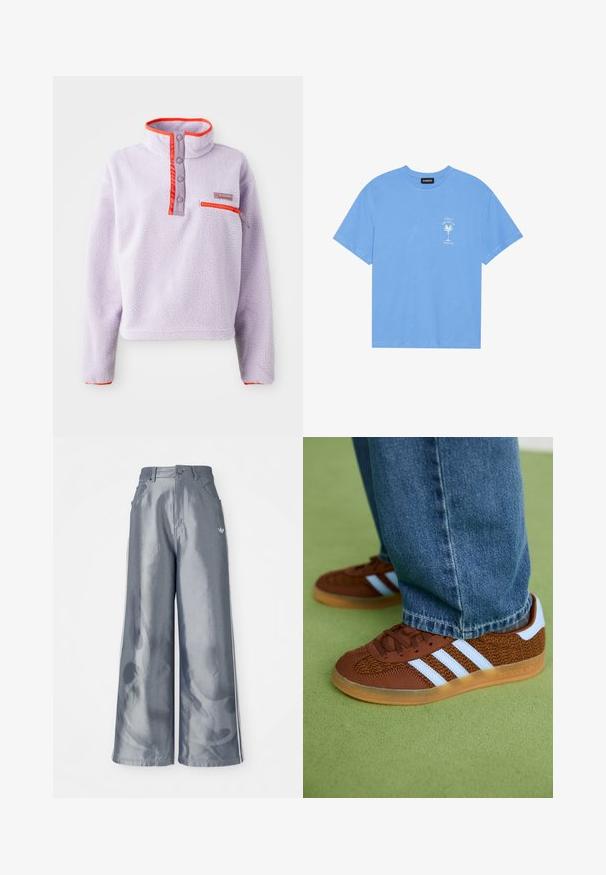 Heleda lilla fliispusa kõrge kraega, punased nailonaktsendid, nupud ja eest vasakul lukuga tasku.; Heledad sinine puuvillane T-särk ümmarguse kaelusega. Vasakul rinnal on valge palmipuu ja tekst. Lühikesed varrukad.; Laiad püksid läikivast hallist materjalist, valgete külgtriipudega ja põlevate mustritega alumistes jalgades. Nööp ja lukku kinnitamine vööl.; Pruunid Adidas tennised valgete triipudega ja kummikute tallaga, kantud siniste teksadega rohelisel vaibal.