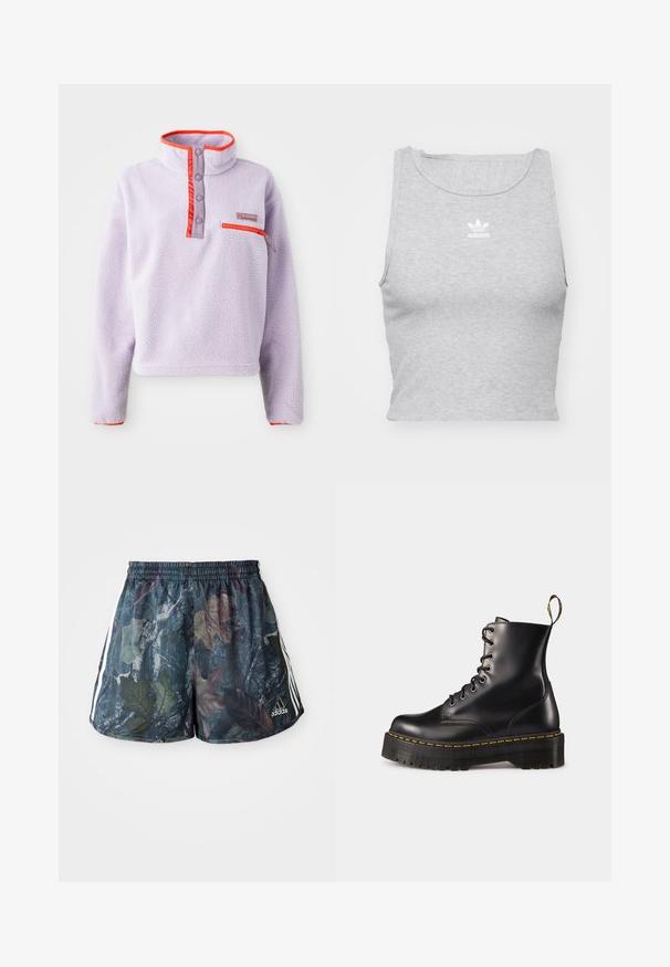 Sudadera de forro polar de color púrpura claro con un cuello alto, detalles de nylon rojo, botones de presión y un bolsillo con cremallera en la parte frontal izquierda.; Top corto sin mangas gris, hecho de un tejido suave, con un escote redondo y un pequeño logo blanco de Adidas en el pecho.; Shorts para adultos con un patrón de hojas multicolores sobre un fondo oscuro, con una cintura elástica y rayas laterales en blanco.; Botas de tobillo negras de cuero con cordones, con una suela negra gruesa y costuras amarillas. Presentan una lengüeta en la parte trasera y ojales metálicos circulares.