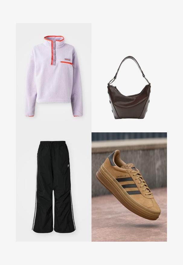 Svetlofialový fleecový pulóver s vysokým golierom, červenými nylonovými akcentmi, patentkami a zipsovou kapsou v prednej ľavej časti.; Čierne vetrovky nohavice s elastickým pásom, šnúrkou na stiahnutie, bielymi bočnými pruhmi, voľným strihom, s malým logom na ľavej strane.; Svetlé semišové tenisky s hladkým povrchom, obsahujúce tri tmavé pruhy, zaoblenú špičku a hrubšiu podrážku so vzorovaným okrajom.; Tmavo hnedá kožená kabelka s zakriveným tvarom, so zipsom a krátkym uchom. Obsahuje kovové súčiastky a dekoratívne čierne gombíky na boku.