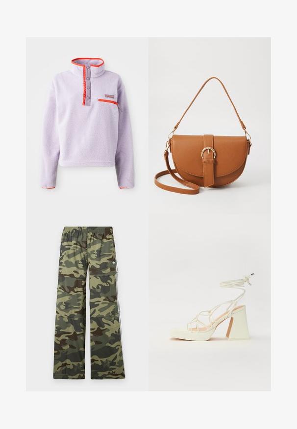 Világoslila polár pulóver magas gallérral, piros nylon díszítéssel, patentgombokkal és egy cipzáros zsebbel a bal elülső oldalon.; Zöld és barna árnyalatú, kamuflázs mintás cargo nadrág, széles lábakkal, rugalmas derékkal és csíkozott oldalsó zsebekkel.; Fehér, magassarkú szandál vastag sarokkal, pántos dizájnnal és bokapánttal. Sima textúra, elülső platformmal a megnövelt magasság érdekében.; Barna bőr keresztbody táska ívelt formával, aranyszínű fémrészekkel és csat díszítéssel. Levehető vállpánttal rendelkezik.