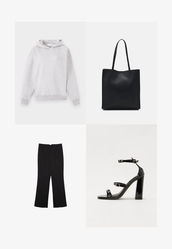 Světle šedá mikina s kapucí vyrobená z měkké tkaniny, s přední kapsou, ribovanými manžetami a lemem, a s malým vyšitým logem na hrudi.; Černé kalhoty s rovným střihem, s předními kapsami a bočními rozparky na lemu. Vyrobené z jemné, hladké tkaniny. Vhodné na různé příležitosti.; Černé lakované sandály na podpatku se čtveratou špičkou, lýtkovými pásky a stříbrnými přezkami. Disponují masivním blokovým podpatkem pro stabilitu.; Černá kožená taška přes rameno s hladkým povrchem, obdélníkovým tvarem a dvěma dlouhými uchy. Žádné viditelné kování ani ozdoby.