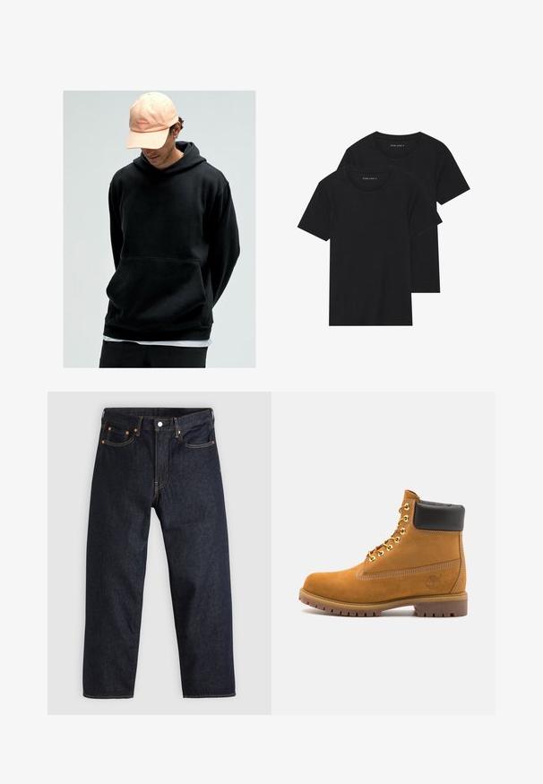 Mustat hupparilla varustetut paidat, joissa on kengurupocket, valmistettu pehmeästä kankaasta. Yhdistetty vaaleanpunaiseen baseball-lippikseen, jossa on logo.; Kaksi mustaa puuvillapaitaa lyhyillä hihoilla, pyöreällä kauluksella ja sileällä pinnalla, esillä päällekkäin.; Tummansinisiä farkkuja, joissa on suora leikkaus, viisi taskua, kontrastiväriset oranssit tikkaukset ja napitus. Ei näkyviä kuvioita tai koristeita.; Valkoinen nahkainen nilkkuri mustalla pehmustetulla kauluksella, kultaisilla metallisilla rei'illä, valkoisella ompeluksella ja jykevällä kumipohjalla, jossa on selvästi näkyvät urat.