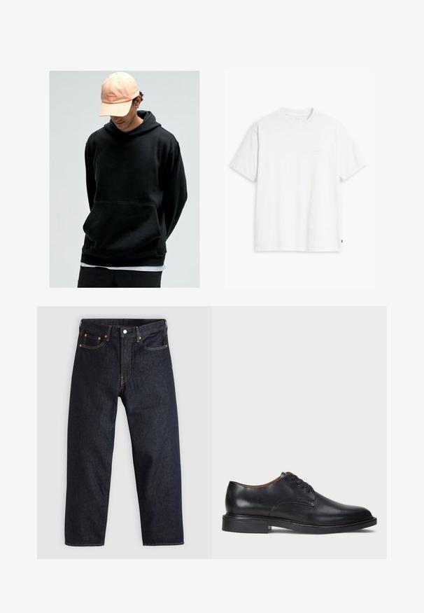 Felpa nera con cappuccio e tasca a marsupio, realizzata in tessuto morbido. Abbinata a un cappellino da baseball rosa chiaro con logo.; T-shirt bianca in cotone con maniche corte, scollo rotondo e un sottile logo "Levi's" stampato in colore chiaro sul davanti.; Jeans in denim blu scuro con taglio dritto, cinque tasche, cuciture arancioni a contrasto e chiusura con bottone. Nessun motivo o decorazione visibile.; Scarpa da uomo in pelle nera con punta rotonda, design con lacci e tacco basso impilato. Texture liscia con dettagli di cucitura minimi.