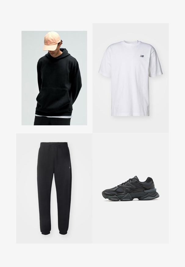 Felpa nera con cappuccio e tasca a marsupio, realizzata in tessuto morbido. Abbinata a un cappellino da baseball rosa chiaro con logo.; T-shirt bianco a maniche corte con scollo rotondo e piccolo logo nero New Balance sul lato sinistro del petto, su uno sfondo neutro.; Pantaloni della tuta neri realizzati in materiale morbido con vita elastica, coulisse e polsini aderenti, caratterizzati da un logo sottile sul lato.; Scarpa da corsa nera con una combinazione di materiali in rete e sintetici, suola spessa, design curvo e marchio ben visibile sul lato.