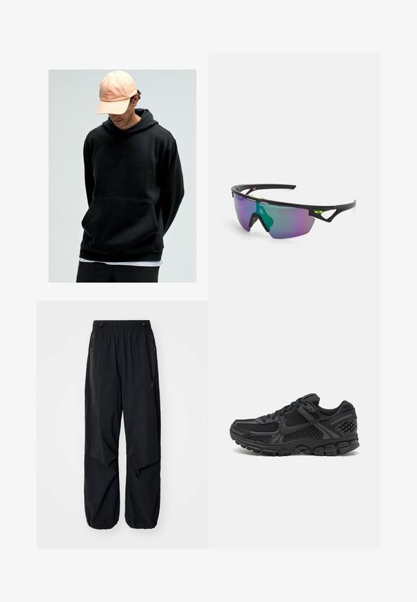 Črna kapuca s kenguru žepom, izdelana iz mehke tkanine. V kombinaciji z svetlo roza bejzbolsko kapo z logotipom.; Črne lahke cargo hlače z elastičnim pasom, stranskimi zadrgami in prostornimi žepi. Imajo ohlapno prileganje in zožene manšete.; Črne športne čevlje z mrežasto zgornjico, gumijastim podplatom in teksturiranimi detajli. Oblikovanje vključuje izstopajoč sistem vezalk in oblazinjen podplat.; Športne sončna očala z črnim okvirjem, velikimi gradacijskimi lečami v vijoličnih in zelenih odtenkih ter oglatimi oblikovnimi poudarki z logotipom.