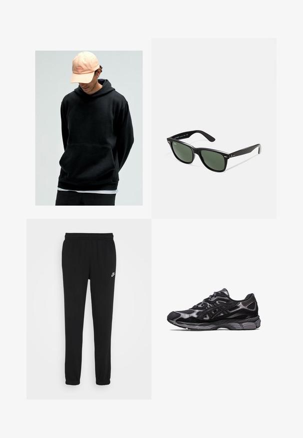 Czarna bluza z kapturem z kieszenią kangurzą, wykonana z miękkiego materiału. W zestawie z jasnoróżową czapką baseballową z logo.; Czarne dresy z elastycznym pasem, zwężanymi nogawkami i małym białym logo Nike po lewej stronie. Wykonane z miękkiego, teksturowanego materiału.; Czarny but sportowy z siateczkową i zamszową cholewką, wyróżniający się teksturowanym wzorem oraz solidną, amortyzującą szaro-skalą podeszwą.; Czarne plastikowe okulary przeciwsłoneczne z zielonymi szkłami, kwadratowe oprawki, srebrny akcent na brwi oraz fakturowane ramiona temple. Nazwa marki podana na wewnętrznej stronie ramion.