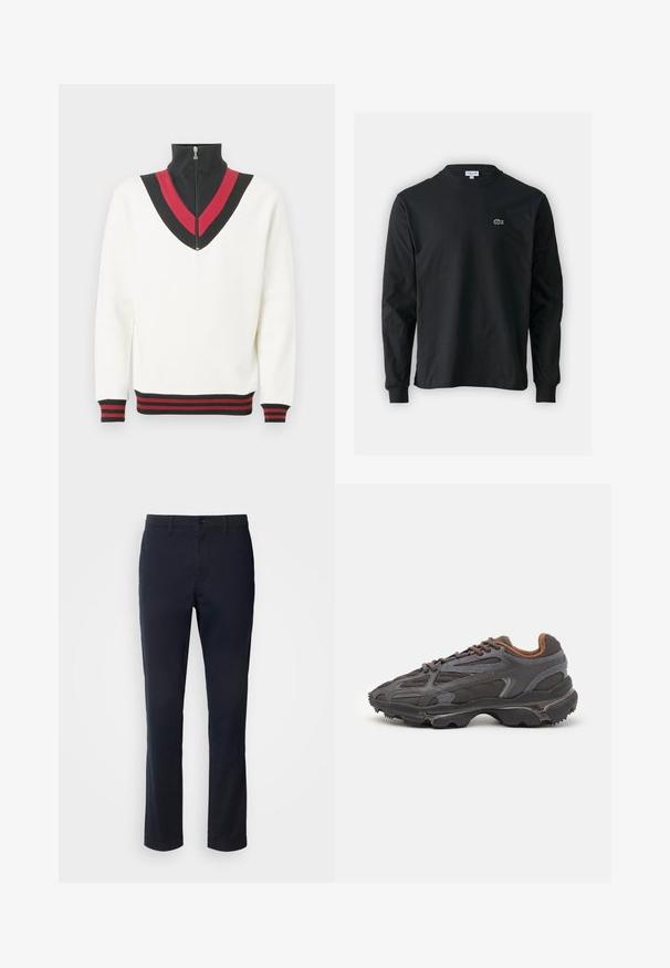 Maglione bianco con collo alto, caratterizzato da un motivo a V nero e rosso sul petto e da polsini e orlo a costine a contrasto.; T-shirt a maniche lunghe nera in cotone, con scollatura rotonda e un piccolo logo di coccodrillo ricamato in verde sul lato sinistro del petto.; Pantaloni blu navy realizzati in tessuto liscio, con un design a gamba dritta, passanti per cintura e chiusura con bottone e zip.; Sneaker Lacoste grigie scure in materiale mesh e sintetico, con suola testurizzata e dettagli marroni sul colletto e sul branding.