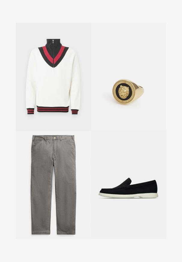 Bílý pulovr s vysokým límcem, zdobený černým a červeným véčkovým vzorem na hrudi a kontrastními žebrovanými manžetami a lemem.; Šedé bavlněné kalhoty s rovnými nohavicemi, se zapínáním na zip a mosazným knoflíkem. Dvě přední kapsy a hladká textura.; Černá nazouvací bota s kulatou špičkou, má texturovaný svršek, hladkou bílou podrážku a subtilní značkový detail na boku.; Zlatý prsten s vyvýšeným motivem lva na černém pozadí, orámovaný kruhovým pásem s vyrytým názvem značky.