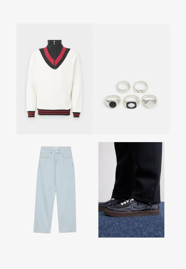 Baltas megztinis su aukštu apykakliu, ant krūtinės yra juodai raudonas V formos raštas, o rankogaliai ir apačia yra kontrastingos ribuotos tekstūros.; Šviesiai mėlynos plačios džinsinės kelnės, pagamintos iš džinsinio audinio, su vidutiniu juosmens aukščiu, penkiomis kišenėmis ir mygtuko uždarymu, papuoštu siauru metaliniu akcentu.; Nike Sportswear KILLSHOT 2 LTR PRM OPP2 - Sportbačiai - black sail baroque brown mtlc dk grey; Penki sidabro žiedai: vienas su juodu apvaliu akcentu, vienas su baltai-juodu geometriniu raštu, o kiti su įvairiomis formomis ir apdailomis.