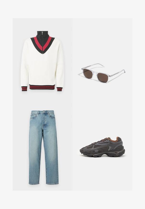 Pulover alb cu guler înalt, având un model în formă de V negru și roșu pe piept și manșete și tiv cu dungi contrastante.; Blugi din denim de un albastru deschis, cu o croială lejeră, picioare drepti, design cu cinci buzunare și închidere cu nasture la talie. Detaliu de cusătură minimalist.; Adidași Lacoste de culoare gri închis, din material mesh și sintetic, cu o talpă texturată și accente maronii pe guler și branding.; Ochelari de soare din plastic transparent cu lentile dreptunghiulare maro, având brațe subțiri, transparente și accente metalice pe tâmple.