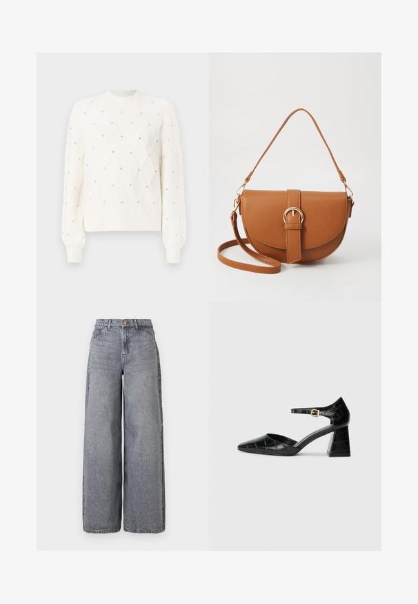 Weißer Strickpullover mit Rautenmuster, verziert mit kleinen Strasssteinen. Mit geripptem Rundhalsausschnitt und langen Ärmeln.; Weite Denim-Jeans in einer ausgewaschenen grauen Waschung, mit fünf Taschen, einem Knopfverschluss und einer weichen Textur mit dezenten Wischdetails.; Schwarzer Lackleder-High-Heel-Schuh mit spitzem Zehenbereich, Knöchelriemen und strukturiertem Krokodil-Muster. Design mit quadratischem Blockabsatz.; Braune Leder-Crossbody-Tasche mit geschwungener Form, goldfarbenen Beschlägen und einer Schnallenakzentuierung. Verfügt über einen abnehmbaren Schultergurt.