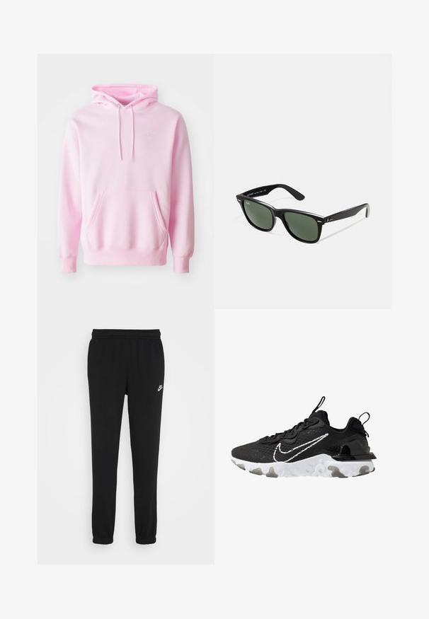 Rosa hettegenser laget av bomullsblanding, med kengurulomme, snor og en liten hvit Nike-logo på brystet.; Sorte joggebukser med elastisk liv, ribbestrikkede ankler og en liten hvit Nike-logo på venstre side. Laget av myk teksturert stoff.; Svart idrettssko med et teksturert stoffoverdel, hvit Nike swoosh og tykk hvit såle. Har en trekkstropp på hælen for enkel påkledning.; Sorte plast-solbriller med grønne linser, firkantede rammer, sølvdetalje på brynene, og teksturerte stangarmen. Angitt merke på indre arm.
