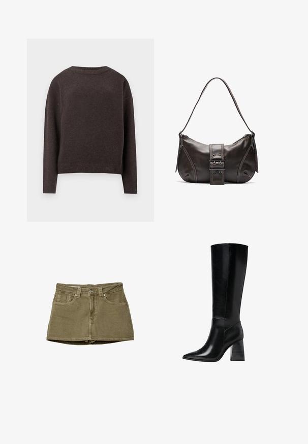 Maglione girocollo marrone scuro con maniche lunghe e polsini e orlo a costine, mostrato da dietro su uno sfondo bianco.; Gonna mini in denim verde oliva con tasche frontali, taglio dritto e chiusura a bottone. Texture morbida con dettagli di cucitura visibili.; Stivali neri in pelle al ginocchio con punta affilata, texture liscia e tacco robusto scalanato per stabilità. Design elegante con accentuazioni minime.; Borsa a spalla in pelle marrone con una forma curvata, caratterizzata da un evidente dettaglio a fibbia, cuciture a contrasto e una sola tracolla.