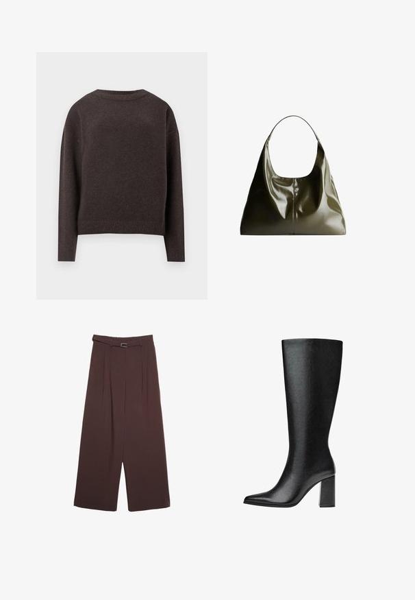 Ciemnobrązowy sweter z okrągłym dekoltem, z długimi rękawami oraz ściągaczami na mankietach i u dołu, pokazany z tyłu na białym tle.; Stradivarius - Spodnie materiałowe; Czarne, sięgające kolan botki wykonane z sztucznej skóry, o spiczastym nosku, gładkiej fakturze i masywnym obcasie. Minimalistyczny design bez widocznych akcentów.; Oliwkowa, skórzana torba na ramię o gładkim, błyszczącym wykończeniu. Posiada zaokrąglony wierzch i miękki, zwisający kształt. Minimalistyczny design.