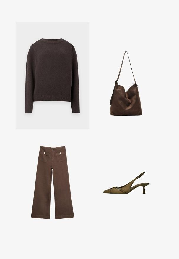 Dunkelbrauner Rundhalspullover mit langen Ärmeln sowie gerippten Bündchen und Saum, von hinten auf weißem Hintergrund gezeigt.; Braune weit geschnittene Hosen aus Baumwolle, mit zwei Fronttaschen mit silbernen Knöpfen und einer glatten Textur.; Olivgrüner Wildleder-Slingback mit spitzer Zehenpartie, verstellbarem Riemen und silbernem Schnallen-Detail; niedriger, ausgestellter Absatz für Stabilität.; Braune Wildleder-Hobo-Tasche mit geschwungenem oberen Teil, einem langen Trageriemen mit Punktakzenten und einer weichen Textur. Verfügt über ein lässiges Design für den täglichen Gebrauch.