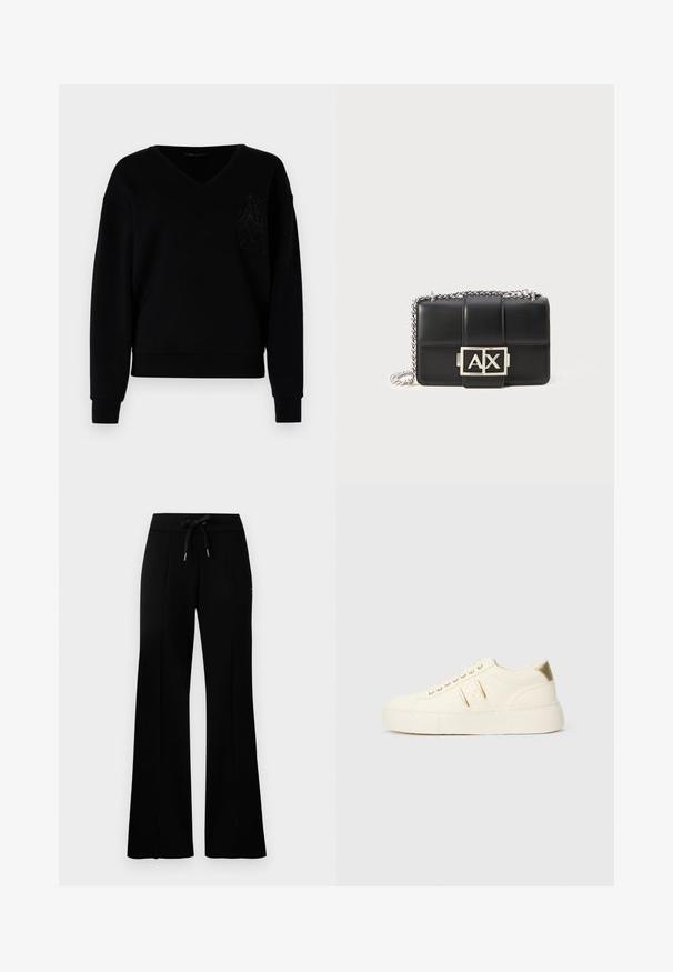 Sudadera negra con cuello en V, mangas largas y bajo ajustado. Presenta un patrón grabado y adornos en el área izquierda del pecho.; Pantalones de chándal anchos y negros con cintura elástica y cordón, acentos de abertura lateral, tela suave y un diseño elegante.; Zapatilla baja color crema con detalles en dorado, cordones y logo de "Armani Exchange" grabado en la suela y en el parche lateral.; Bolso de mano de cuero negro con diseño acolchado, cadena plateada y un prominente logo "AX" en la parte frontal. Forma rectangular compacta.