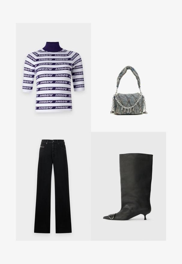 Knitted short-sleeve top featuring a high neck, with horizontal white and purple stripes embellished with the text "2ND DAY."; Black wide-leg jeans made of denim, featuring a front button closure, five pockets, and a small logo patch on the waistband.; Black leather ankle boot with a pointed toe, small heel, and metallic accent detail on the toe. Smooth, matte texture throughout.; Denim handbag with quilted pattern, blue color, short braided handle, and silver chain strap featuring metallic brand lettering detail.