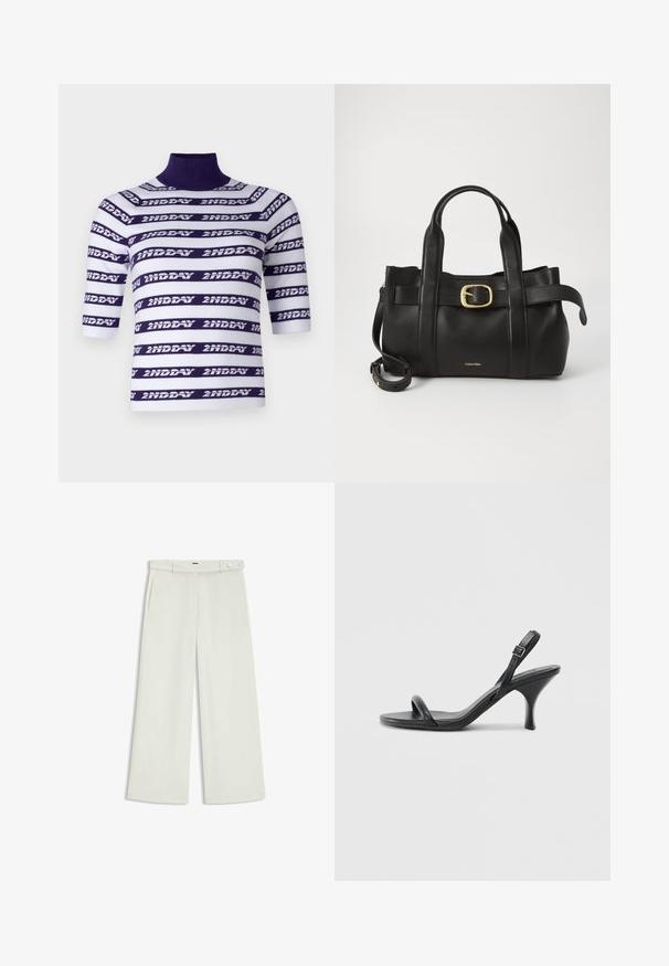Maglia a maniche corte lavorata a maglia con collo alto, caratterizzata da righe orizzontali bianche e viola decorate con il testo "2ND DAY."; Pantaloni a gamba larga in tessuto crema chiaro, dotati di tasche laterali, frontale liscio e chiusura a un bottone in vita. Texture morbida.; Sandali con tacco alto in pelle nera, con tacco sottile e curvo e design a fascia incrociata. Cinghia alla caviglia regolabile. Texture liscia.; Borsa a mano in pelle nera con un design strutturato, doppie maniglie superiori, accentuazione in metallo dorato e logo del marchio in rilievo sul davanti.