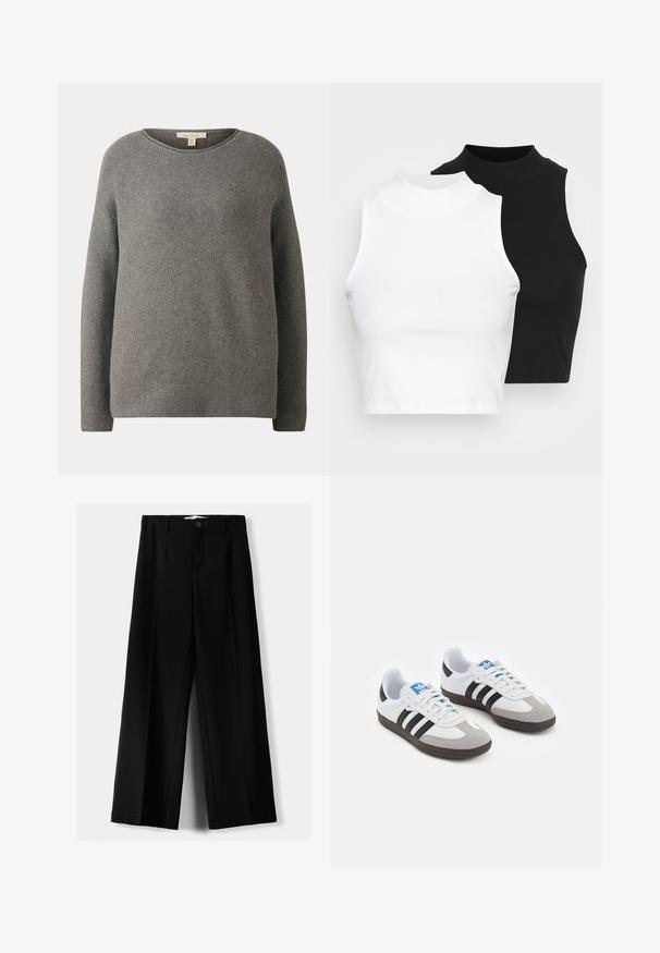 Szary sweter z dzianiny, okrągłym dekoltem, długimi rękawami i luźnym krojem. Posiada teksturowany materiał oraz subtelne prążkowanie na krawędziach.; Dwa bezrękawnikowe golfy w kolorze czarnym i białym, charakteryzujące się dopasowanym fasonem i gładką teksturą, o skróconej długości.; Czarne spodnie szerokie, wykonane z lekkiego materiału, z zapięciem na guzik z przodu i gładkim przodem, z starannie wykończonymi brzegami.; Buty sportowe z białą skórzaną cholewką, szarym zamszowym noskiem i trzema czarnymi paskami. Posiadają niebieskie logo na języku oraz teksturowaną gumową podeszwę.