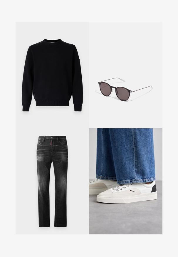 Maglione nero lavorato a maglia con collo rotondo, polsini e orlo a costine. Presenta spacchi laterali e un piccolo logo sulla manica.; Jeans in denim nero con vestibilità dritta. Presentano aree sbiadite, leggeri segni di usura, classico design a cinque tasche e chiusura con bottone.; Sneaker bianche e nere con parte superiore in pelle liscia, dettagli testurizzati e suola bianca spessa. Presentano un classico design con lacci.; Occhiali da sole neri rotondi con lenti scure e sottili bracci in metallo. Include punte trasparenti e accenti argentati alla cerniera. Design minimalista.