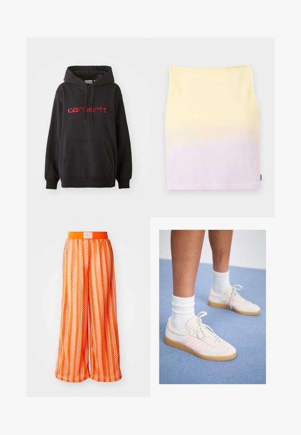 Must värvi puuvilla segu kapuutsiga, mis sisaldab esikotti, soonikkoes varrukaotsi ja punast tikandiga "carhartt" logo rinnal.; Ribidega kootud lühike topp, millel on kollasest heledasse lillasse üleminev gradientmustri, sobituv vorm ja ümar kaelus.; Laialdased püksid, millel on säravates oranžides ja roosades toonides diagonaalmuster, elastne vöökoht ning logo silt taga.; Valged ja roosad seemisnahast tossud kolme roosa triibuga, helepruun kummist tallaga ja valgete soonikuga sokkidega. Paigutatud sinisele vaibale.