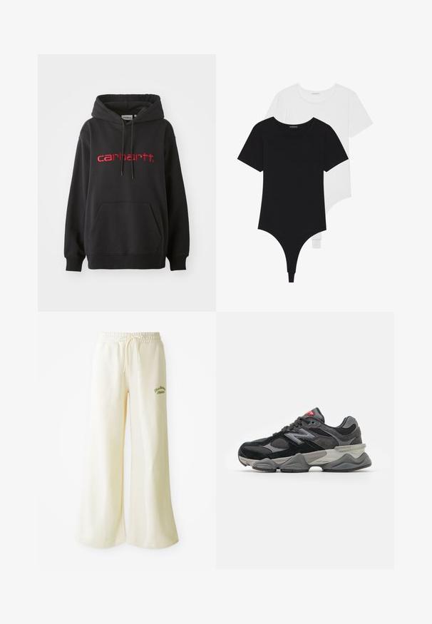 Schwarzer Hoodie aus Baumwollmischung, mit einer Fronttasche, gerippten Bündchen und einem roten gestickten "carhartt"-Logo auf der Brust.; Schwarz-weiße kurzärmelige Bodysuits mit Rundhalsausschnitten und Tanga-Style, aus glattem, dehnbarem Stoff gefertigt.; Cremefarbene, weit geschnittene Sweatpants mit einem elastischen Bund und anpassbarem Kordelzug. Bestickter grüner "Athletic"-Schriftzug auf der Vorderseite. Weicher Stoff.; Schwarzer und grauer Sneaker mit einer Kombination aus Wildleder und Mesh-Materialien, dicker Sohle, ausgeprägtem Logo und roten Akzenten an der Zunge.