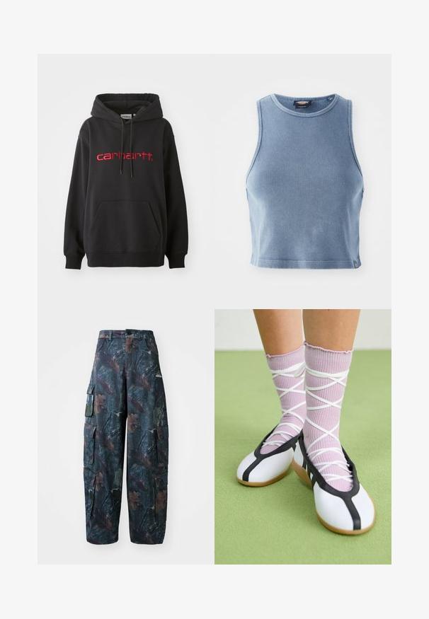 Fekete kapucnis pulóver pamut keverékből, elülső zsebbel, bordázott mandzsettával és piros hímezett "carhartt" logóval a mellkasán.; Világoskék bordázott cropped top kerek nyakkivágással és ujjatlan kialakítással. Sima textúra és kis logó részlet az alján.; Sötétzöld és barna álcázó cargo nadrág, amely több zsebből áll és laza fazonú, könnyű, tartós szövetből készült.; Fehér lapos cipők fekete díszítéssel és talppal, világos lila bordázott zoknikkal, fehér keresztszalagokkal. Zöld háttér előtt.