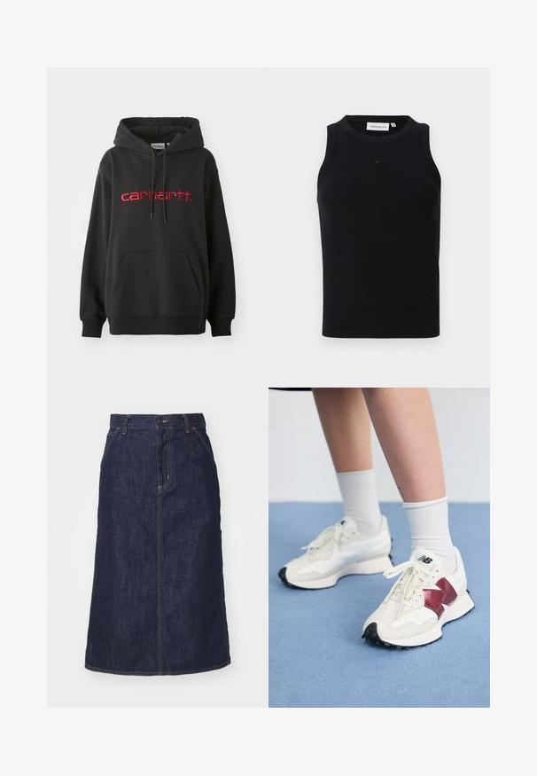 Schwarzer Hoodie aus Baumwollmischung, mit einer Fronttasche, gerippten Bündchen und einem roten gestickten "carhartt"-Logo auf der Brust.; Schwarzes, ärmelloses Tanktop aus geripptem Stoff, mit rundem Halsausschnitt und kleinem Logo auf der Vorderseite. Einfaches, figurschmeichelndes Design.; Dunkelblaue Jeansrock mit hoher Taille, geradem Schnitt, aufgesetzten Taschen und genähten Nähten. Mit einem Reißverschluss und einem Knopfverschluss an der Taille.; Ein Paar weiße Sneakers mit kastanienbraunen Akzenten, strukturierten Paneelen, flacher schwarzer Außensohle und hellen Schnürsenkeln, getragen mit weißen Knöchelsocken.