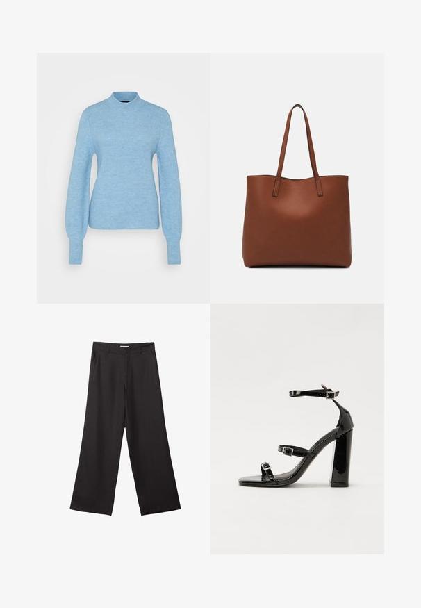 Svetlo modra rebrasta pulover s visokim izrezom in dolgimi rokavi, ki se ponaša z teksturiranim zaključkom in prilegajočo silhueto.; Črne široke hlače iz gladkega materiala, z sprednjim zadrgo in dvema stranskima žepoma, s prilagojenim krojem in minimalističnim dizajnom.; Črne lakirane sandale s peto, kvadratnim prstom, trakovi okrog gležnja in srebrnimi zaponkami. Opremljene so s stabilno Debelo peto.; Rjava usnjena torba z gladko teksturo, odprto zasnovo zgoraj in dvema naramnima trakovoma. Opremljena je z minimalnim šivanjem in brez vidnih kovinskih delov.