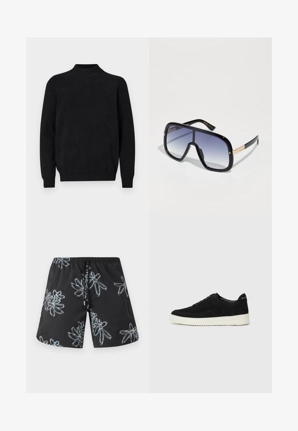 Fekete kötött pulóver magas nyakkal, hosszú ujjal és bordázott textúrával. Egyszerű, egyszínű dizájn, laza szabással és látható minták nélkül.; Fekete úszónadrág fényes világosszürke virágmintával. Rugalmas derékpánt húzózsinórral és logóval a jobb alsó oldalon.; Fekete velúr sportcipő fűzős dizájnnal és kontrasztos fehér gumitalppal. Jellemzői a textúrázott oldalpanelek és a diszkrét logó a sarokon.; Túlságosan nagy fekete napszemüveg, átmeneti lila lencsével, fényes felülettel és arany részletekkel a szárakon. Téglalap alakú keret.