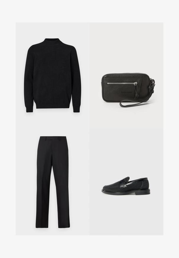 Schwarzer gestrickter Pullover mit hohem Kragen, langen Ärmeln und geripptem Muster. Einfaches, einfarbiges Design mit lockerer Passform und ohne sichtbare Muster.; Schwarze, gerade geschnittene Hose aus glattem Stoff. Verfügt über einen normalen Bund und keine sichtbaren Muster oder Akzente.; Schwarzer geflochtener Slipper mit einem glatten Lederakzent im Obermaterial, einem runden Zehendesign und einer flachen Gummisohle.; Schwarze Leder-Clutch mit strukturiertem Oberflächen, Vorderseite mit Reißverschlusstasche und abnehmbarem Handgelenkriemen. Fällt durch ein Logo-Patch auf der Vorderseite auf. Rechteckige Form.