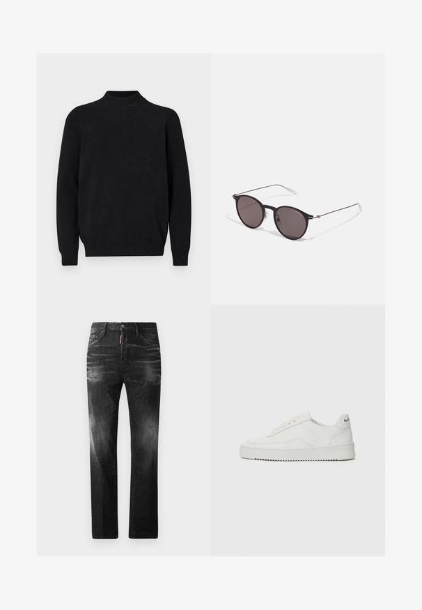 Maglione nero lavorato a maglia con collo alto, maniche lunghe e texture a coste. Design semplice e uniforme con una vestibilità comoda e senza motivi visibili.; Jeans in denim nero con vestibilità dritta. Presentano aree sbiadite, leggeri segni di usura, classico design a cinque tasche e chiusura con bottone.; Sneaker in pelle bianca con una finitura liscia, punta rotonda, lacci piatti e suola testurizzata. Presenta un logo discreto sul tallone.; Occhiali da sole neri rotondi con lenti scure e sottili bracci in metallo. Include punte trasparenti e accenti argentati alla cerniera. Design minimalista.