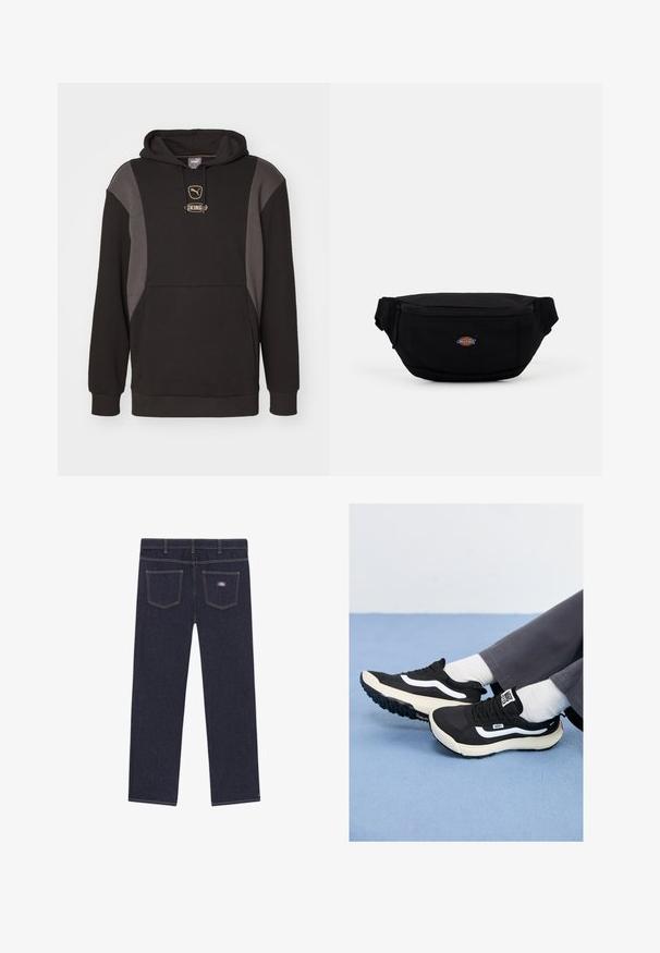 Felpa nera con accenti grigi, tasca a marsupio e cappuccio con cordoncino. Presenta un logo dorato sul petto. Realizzata in tessuto morbido.; Pantaloni in denim blu scuro con taglio dritto, dotati di due tasche posteriori e cuciture gialle a contrasto. Etichetta del brand sulla tasca destra.; Sneakers neri con dettagli bianchi, materiali in rete e gomma, caratterizzati da una suola testurizzata e una linguetta sul tallone. Indossati con calze bianche e pantaloni grigi.; Marsupio nero in tessuto con chiusura a zip, caratterizzato da un piccolo logo del marchio sul davanti. Design compatto e arrotondato con cinture regolabili.