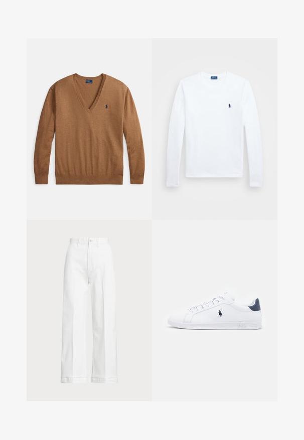 Sweater castanho com decote em V em tecido macio, com mangas compridas e um logo bordado subtil em azul no lado esquerdo do peito. Gola e punhos canelados.; Camisa de manga longa branca, em material de algodão, com decote redondo, apresentando um pequeno logótipo azul-marinho no lado esquerdo do peito. Design simples, ajuste regular.; Calças brancas de perna larga com uma cintura alta, apresentando um fecho de botão e detalhes de costura discreta. Feitas de algodão com uma textura suave.; Tenis brancos de couro com um acabamento suave, detalhes em azul marinho e um pequeno logotipo na lateral. Possui atacadores planos e sola de borracha texturizada.