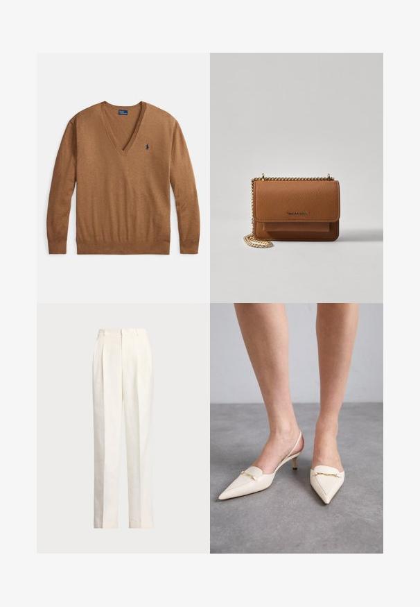 Καφέ πουλόβερ με λαιμόκοψη σε σχήμα V από απαλό ύφασμα, με μακριά μανίκια και διακριτικό κεντημένο λογότυπο σε μπλε χρώμα στο αριστερό μέρος του στήθους. Ριμπ λεπτομέρειες στη λαιμόκοψη και τις μανσέτες.; Polo Ralph Lauren HEMP WIDE LEG PANT - Παντελόνι - nevis; Κρεμ χρώματος, μυτερά slingback τακούνια με λεπτό μεσαίο τακούνι, παρουσιάζοντας μια χρυσή αλυσίδα στο πάνω μέρος και λεία υφή δέρματος.; Καφέ δερμάτινη τσάντα χιαστί με υφή, με χρυσή αλυσίδα στον ιμάντα και κλείσιμο με καπάκι. Στο μπροστινό μέρος υπάρχει λεπτομέρεια με λογότυπο και μία τσέπη κάτω από το καπάκι.