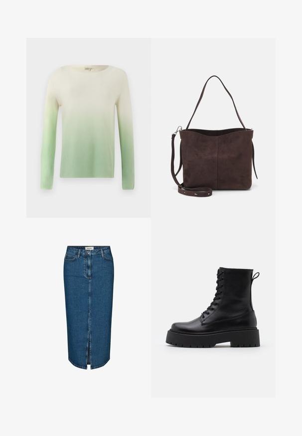 Pull en tricot avec encolure bateau et manches longues, qui passe d'une teinte crème en haut à un vert clair en bas. Texture lisse.; Jupe crayon en denim bleu foncé, avec une fente avant, cinq poches et des coutures contrastées. Taille mi-haute avec un design classique.; Bottines en cuir noir avec un bout rond, un laçage à l'avant et une épaisse semelle en caoutchouc dotée d'un motif texturé. Tirer au dos.; Sac fourre-tout en suède brun avec une texture douce, présentant une seule bandoulière et une ouverture supérieure légèrement courbée. Aucun détail de matériel visible.