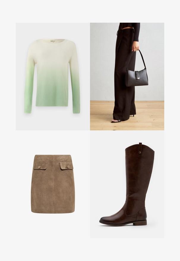 Kootud sviiter, millel on paadikujuline kaelus ja pikad varrukad, ülemine osa on kreemjas ja alumine osa helesiniselt roheliseks. Sile tekstuur.; Pruun nubuk mini seelik sujuva tekstuuriga, millel on kaks esimest klapikotti ja nupuväravad igal küljel. Lihtne, sirge disain.; Prunadest kõrge kontsaga saapad, mis on valmistatud siledast nahast, ümarate varvastega, madala tindikontsaga ja peene õmblusmustriga külgedel.; Must musta kott, millel on struktureeritud kuju, sile tekstuur ja metallist klamber. Kombineeritud laiate mustade pükstega ja avatud varvaste sandaalidega puidust põrandal.